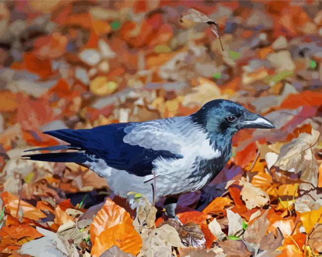Wrona Bird Between Leaves paint by number