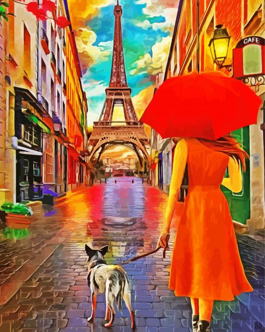 Lady With Umbrella Walking On The Rain In Paris paint by number