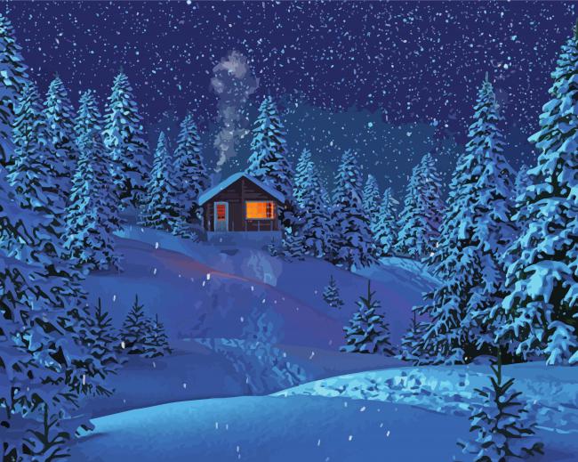 Starry Night Mountain Cabin paint by number