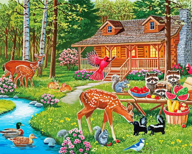 Cabin In Woods With Deer paint by number