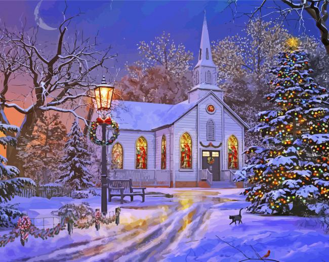 Christmas Church In Winter paint by number