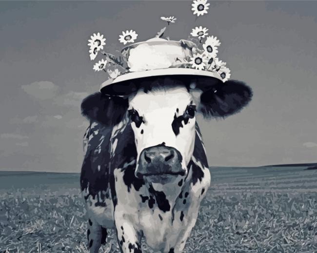 Cow With Daisies Flowers paint by number