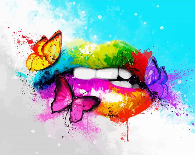 Rainbow Lips With Butterflies paint by number