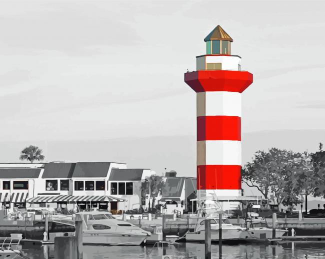 Monochrome Harbour Town Lighthouse Hilton Head paint by number