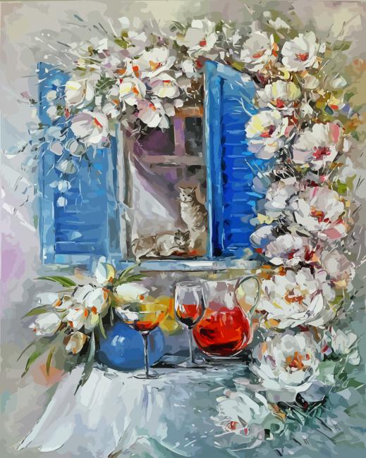 Window With White Flowers Art paint by number