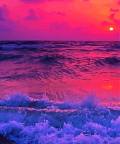 Pink Sunset With Mountain And Waves paint by number