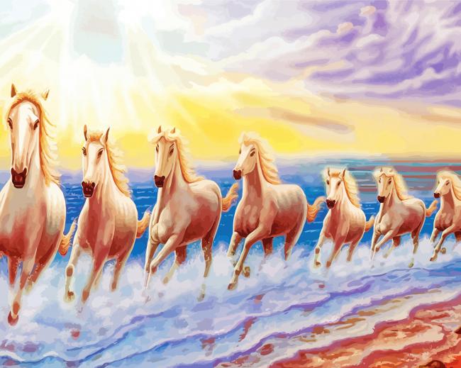 Seven Running Horses At Sunrise In Beach paint by number