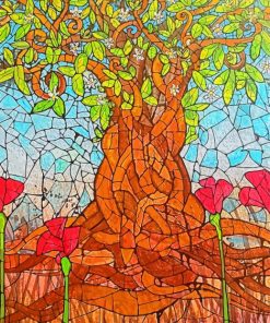 Stained Glass Tree With Red Poppies paint by number