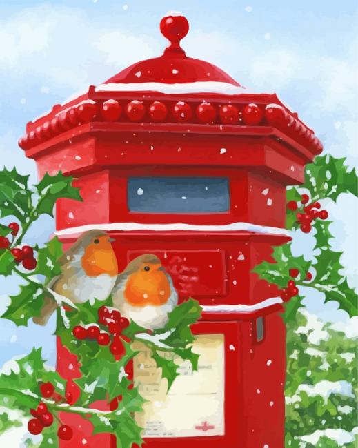 Vintage Red Post Box And Birds paint by number