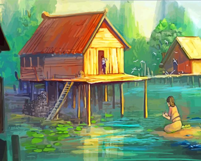 A Mother And Her Child In Floating Village paint by number