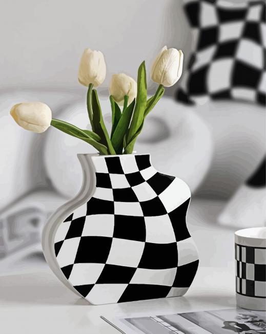 Checkered Vase And White Tulips paint by number
