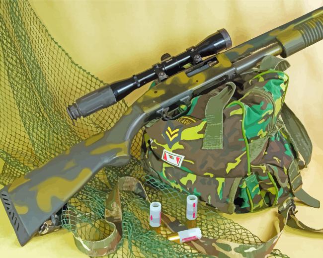 Green Rifle With Scope And Bag Hunting Equipement paint by number