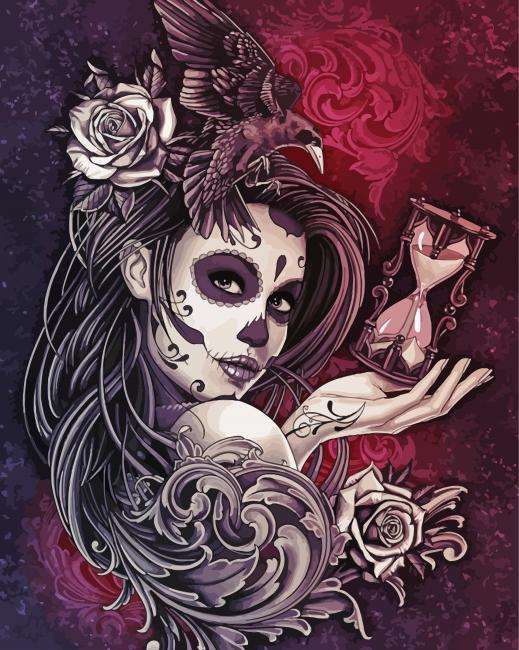 Sugar Skull Girl With Crow paint by number