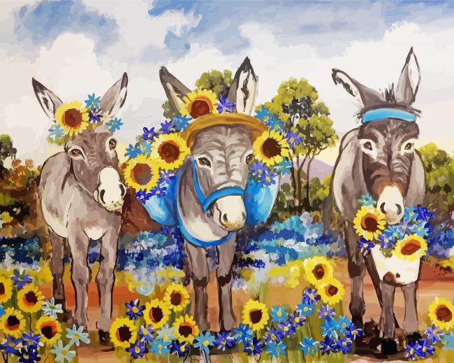 Trio Donkeys And Sunflower paint by number