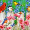 Birds On Wooden White Picket Fence paint by number