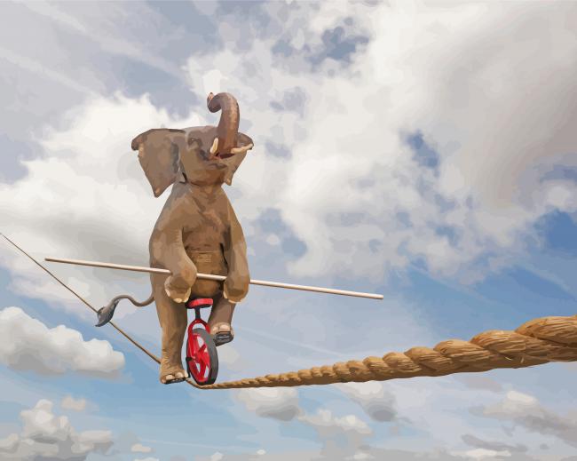 Elephant With Unicycle On A Tightrope paint by number