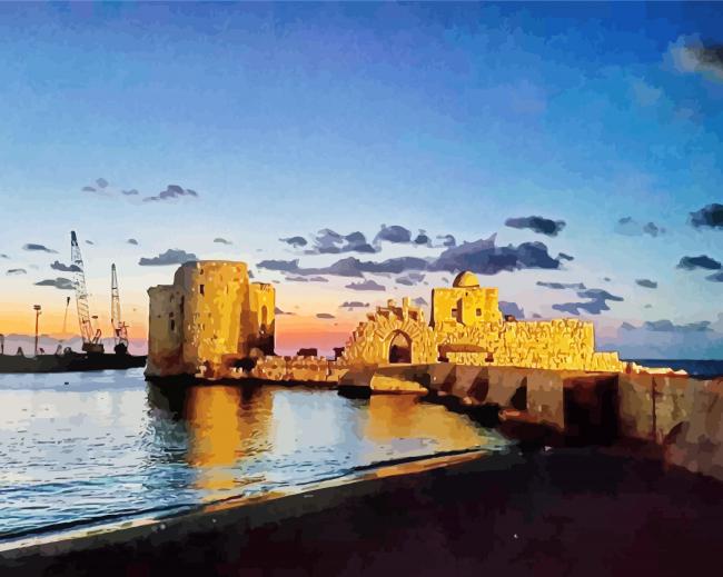 Sidon Sea Castle Lebanon At Night paint by number