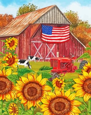 Sunflower And Old Barn Garden paint by number