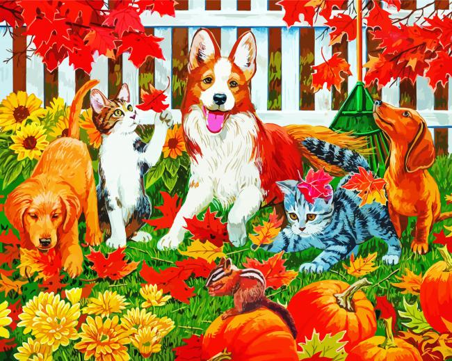 Autumn Dogs And Kittens paint by number
