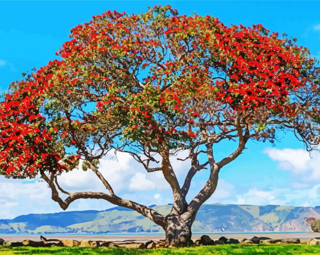 Pohutukawa Tree With Flowers paint by number