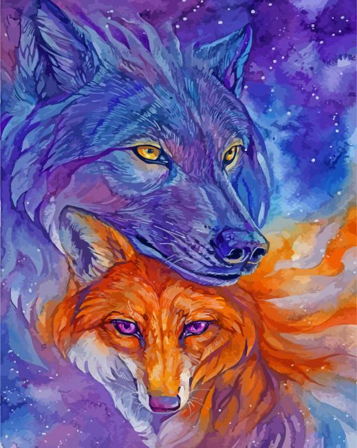 Wolf And Fox Watercolor paint by number