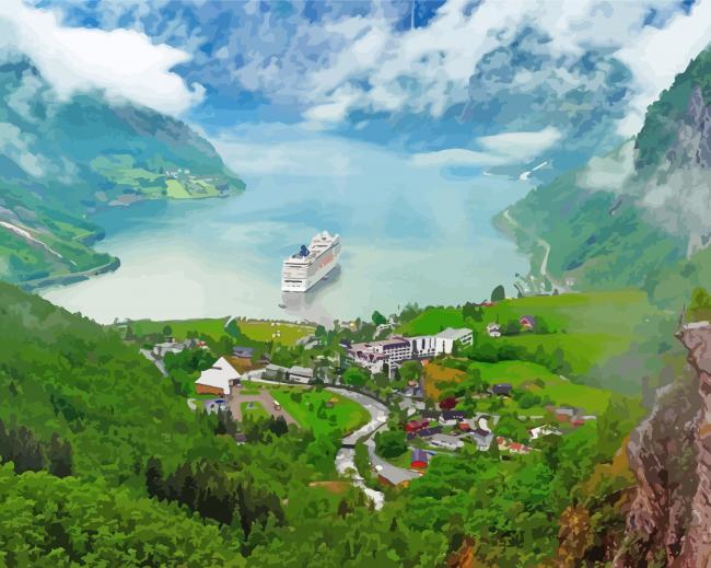 Cruise Ship Near Norwegian Village Paint By Numbers