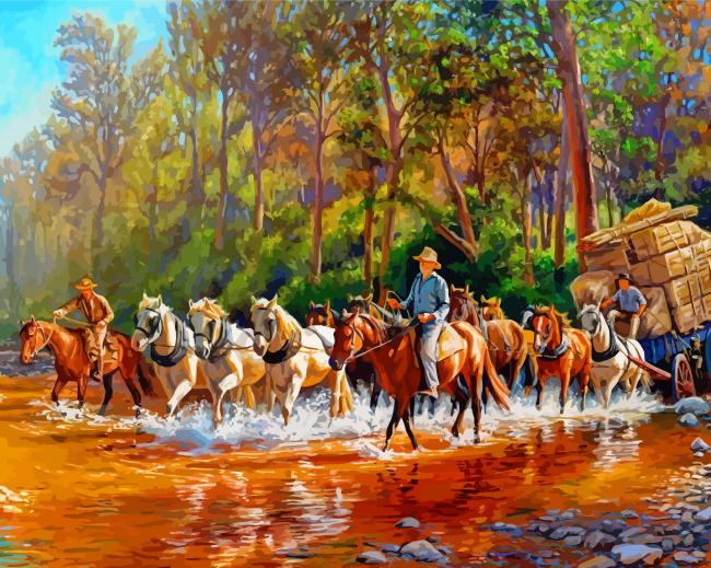 Horses Crossing The River paint by number