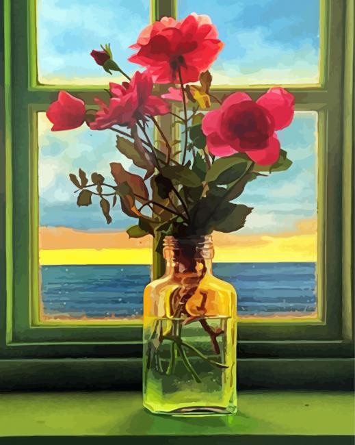 Flowers In Window By Sea Paint By Numbers