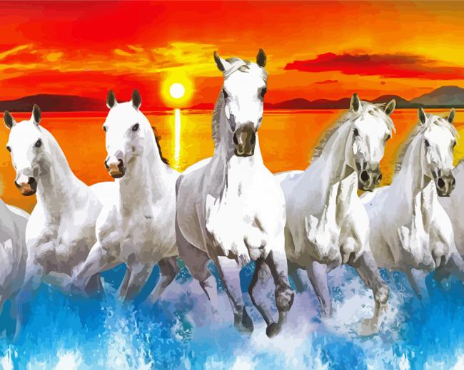 White Horse Herd In Water paint by number